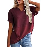 SHEWIN Womens Casual V Neck Waffle Knit Tops Short Sleeve T Shirts Loose Blouses