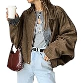 HOTIAN Women's Faux Suede Bomber Jacket Zipper Pilot Coat Casual Lapel Oversized Long Sleeves Y2K Outerwear Coats