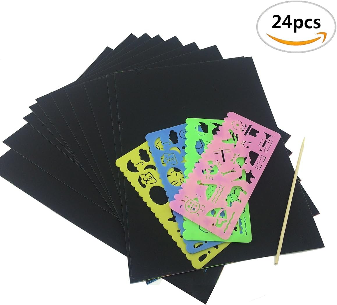 Bloomood 24PCS Scratch & Sketch Art papers,Colourful Scratch Art DIY paper.(with two stylus and four different colors of the rulers )
