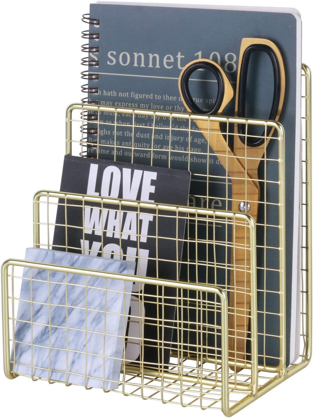 Zksanmer 3 Slot Letter Holder, Metal Multifunctional File Holder for Mails, Brochures and Postcards, Desktop Office Organizer Decoration, Gold