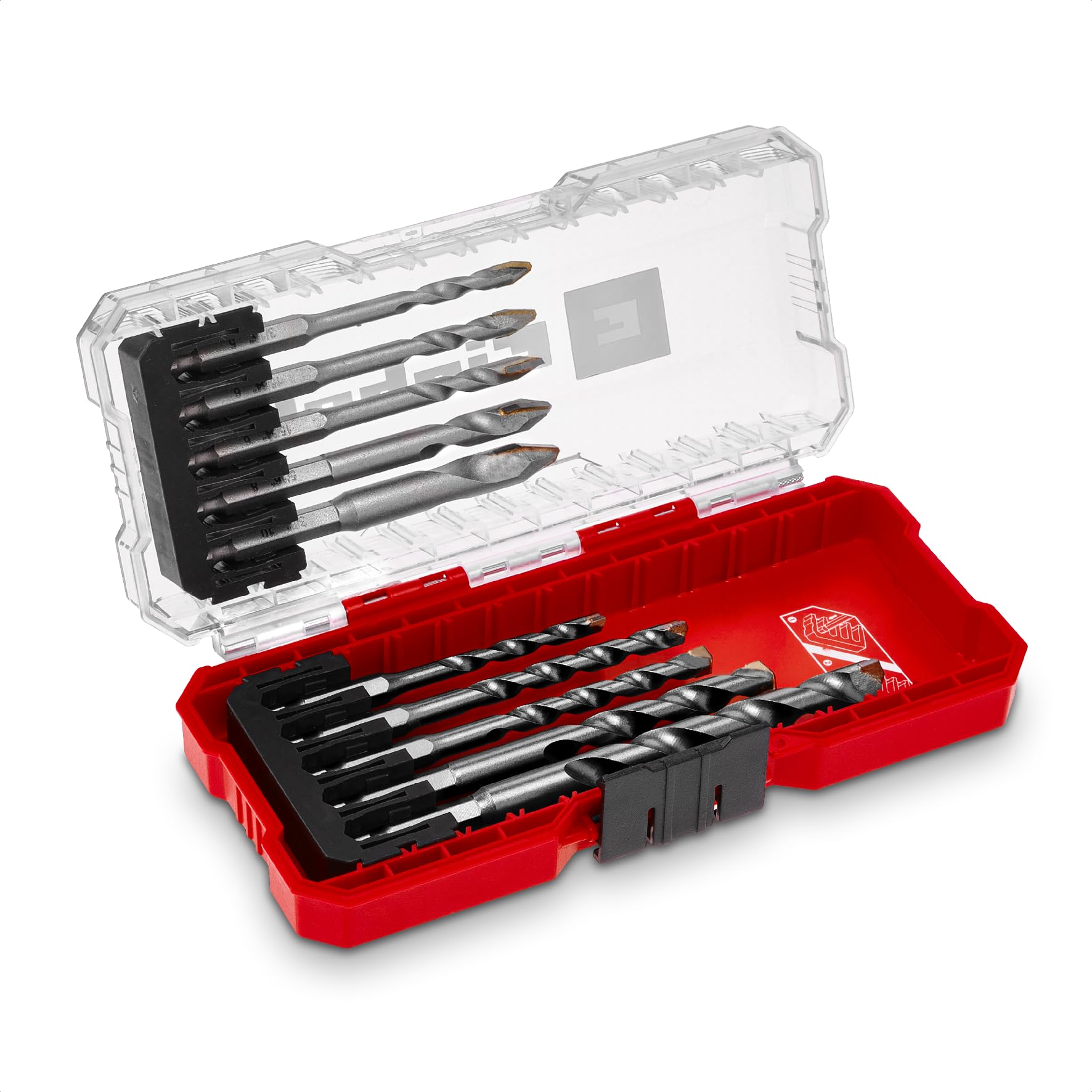 Original Einhell S-CASE 10-Piece Carbide Tile Drill Bit Set (Made of Tool Steel, Specially Ground Carbide Plate, Centre Point, Double Helix, E 6.3 Shank Incl. Storage Box)