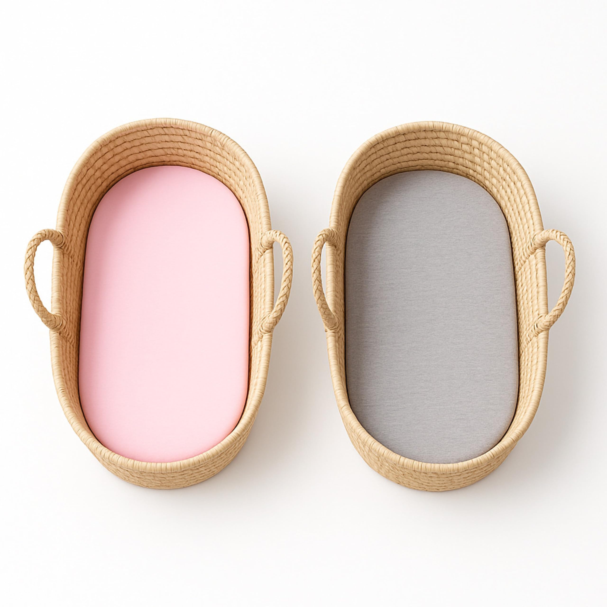 Dudu N Girlie Moses Basket Sheets Fully Fitted – 75 x 30 Moses Basket Bedding - Hypoallergenic Baby Pram Sheets Bedding Elasticated Breathable Easy Care (Pack of 2, Grey & Pink)