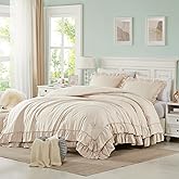Cupocupa Pink Ruffle King Size Comforter Set, Shabby Chic Boho Bedding Comforter Sets, Fluffy Cozy Bedding Comforters & Sets for All Season, 3PCS Lightweight Farmhouse Rustic Bedding Sets, Beige