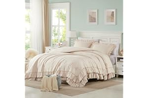 Cupocupa Beige Queen Comforter Set, 3Pcs Comforters Ruffle Farmhouse Bedding Sets Queen with Comforter, Lightweight Soft Shabby Chic Bedding Comforter Set Fluffy for All Season