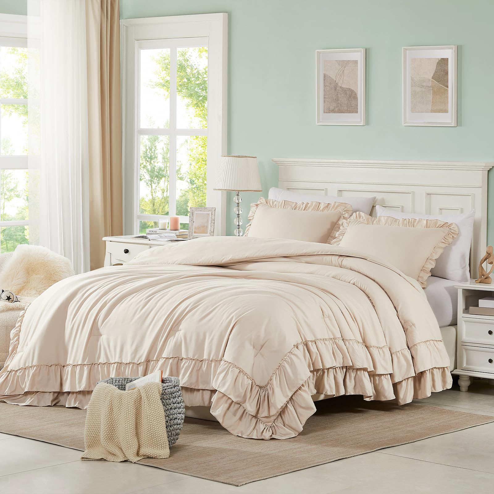 Photo 1 of Cupocupa Beige Queen Comforter Set, 3Pcs Comforters Ruffle Farmhouse Bedding Sets Queen with Comforter, Lightweight Soft Shabby Chic Bedding Comforter Set Fluffy for All Season