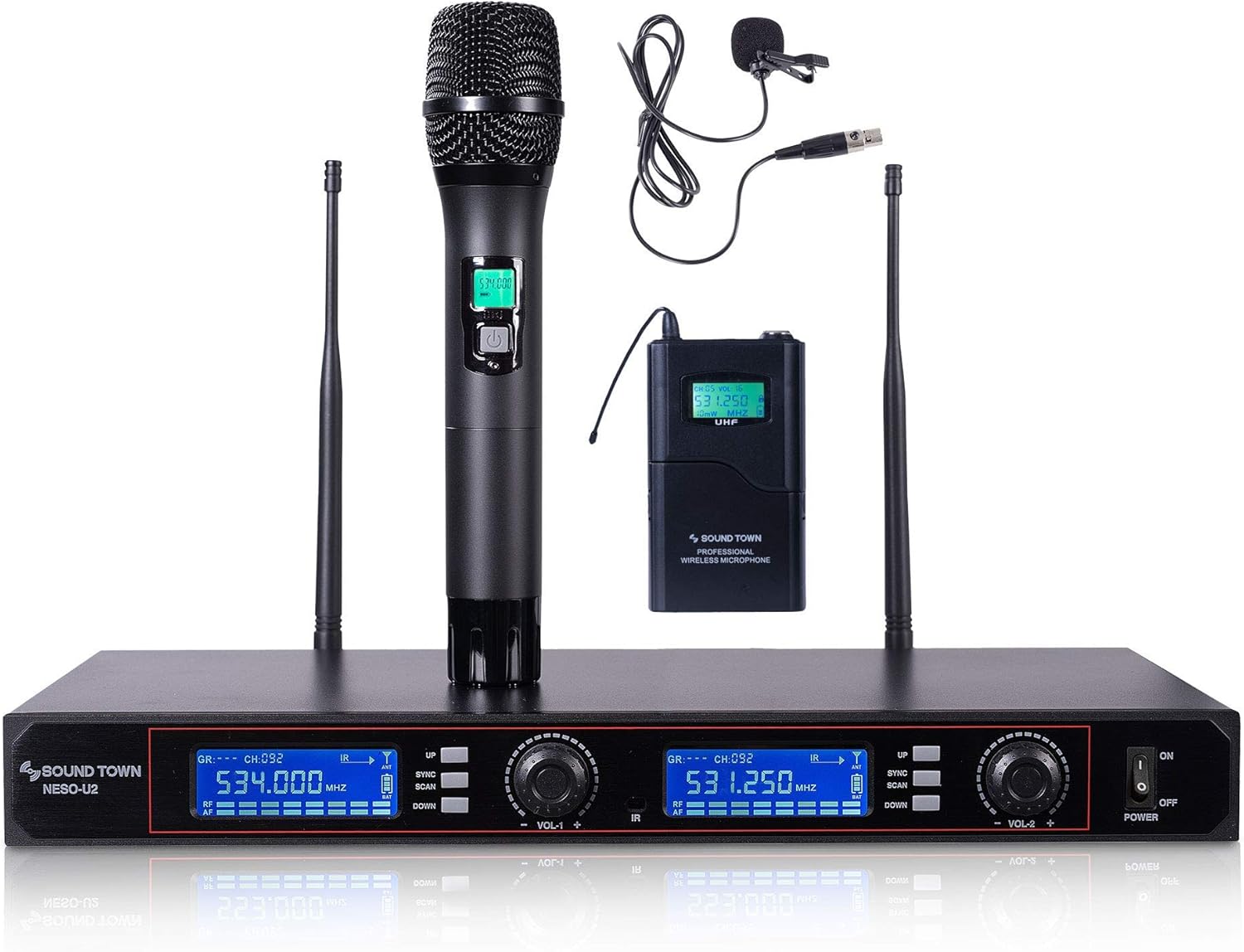 Sound Town 200-Channel Rack Mountable Professional UHF Wireless Microphone System with Metal Receiver, 1 x Handheld Mic/Lavalier Mic/Bodypack Transmitter (NESO-U2HL)