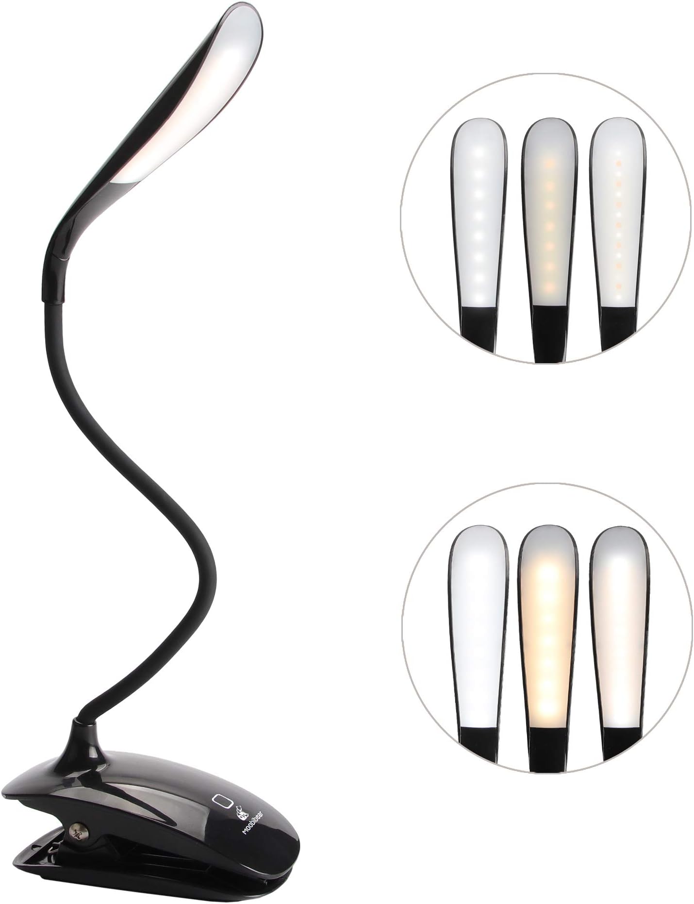 Clip on LED Reading Light - Moobibear 15 LEDs Rechargeable Flexible Gooseneck Touch-sensitive Desk Lamp for Kids, Stepless dimming & 3 Color USB Clip on Lights for Room, Study, Power Outage, Emergency [Energy Class A+]