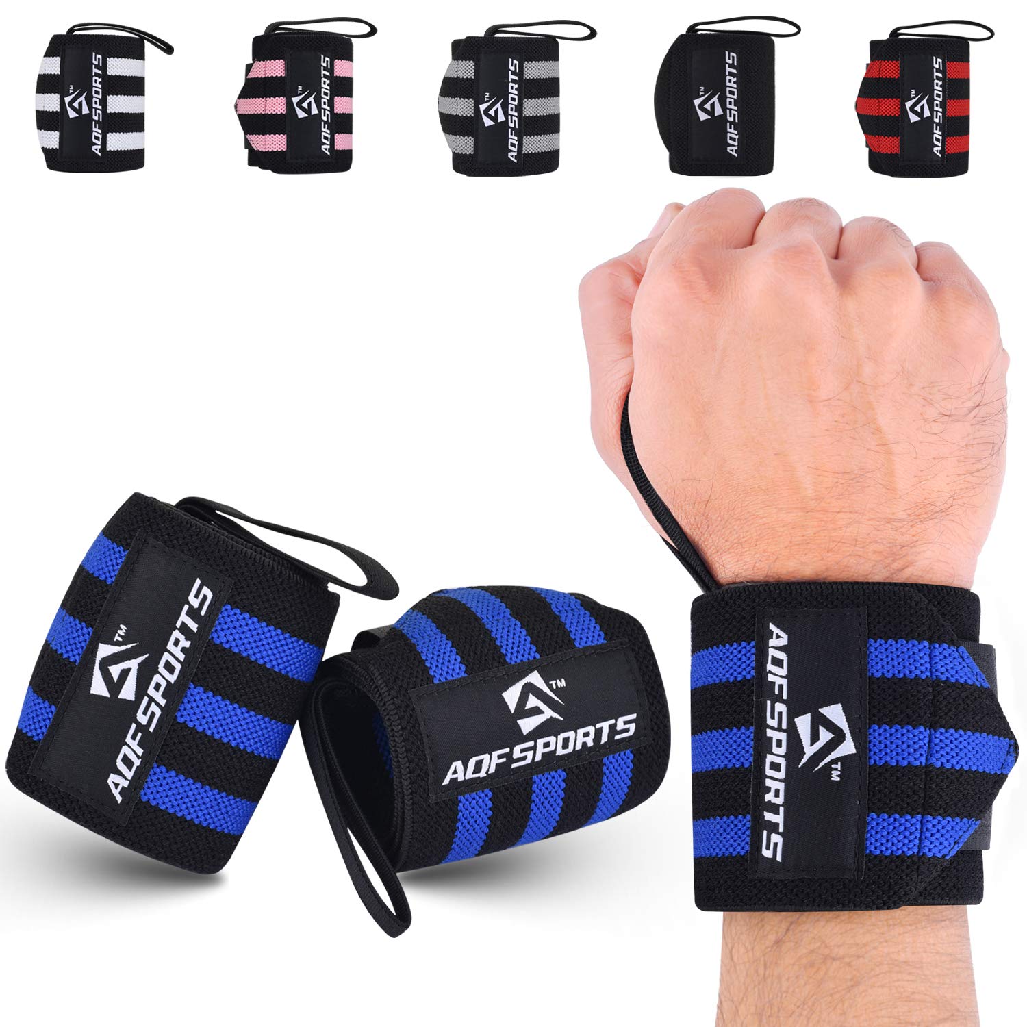 AQF 18” Wrist Wraps Supports Heavy Duty Weightlifting Gym Training Fist Straps with Thumb Loop (Blue & Black)