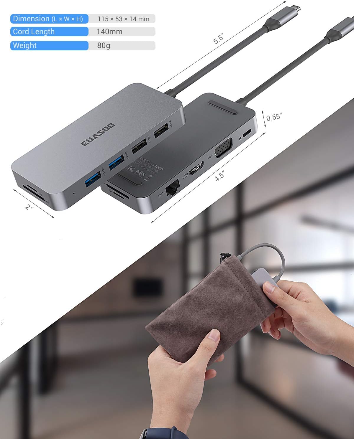 USB C Hub,Type C Hub,EUASOO 10 in 1 Adapter with 1Gbps Ethernet,4K USB C to HDMI,VGA,Power Delivery Charging Port,2 USB3.0,2 USB2.0,SD/TF Card Reader for MacBook Pro,Chromebook,Other Type C Laptops: Computers & Accessories
