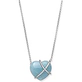 Belacqua Natural Blue Aquamarine, Pink Rose Quartz or Green Jade Heart Pendant Necklace or Jewelry Set in Sterling Silver, Rolo Chain: 17.5"+2" Extender, 8 mm Stud Earrings, Gift Box Included
