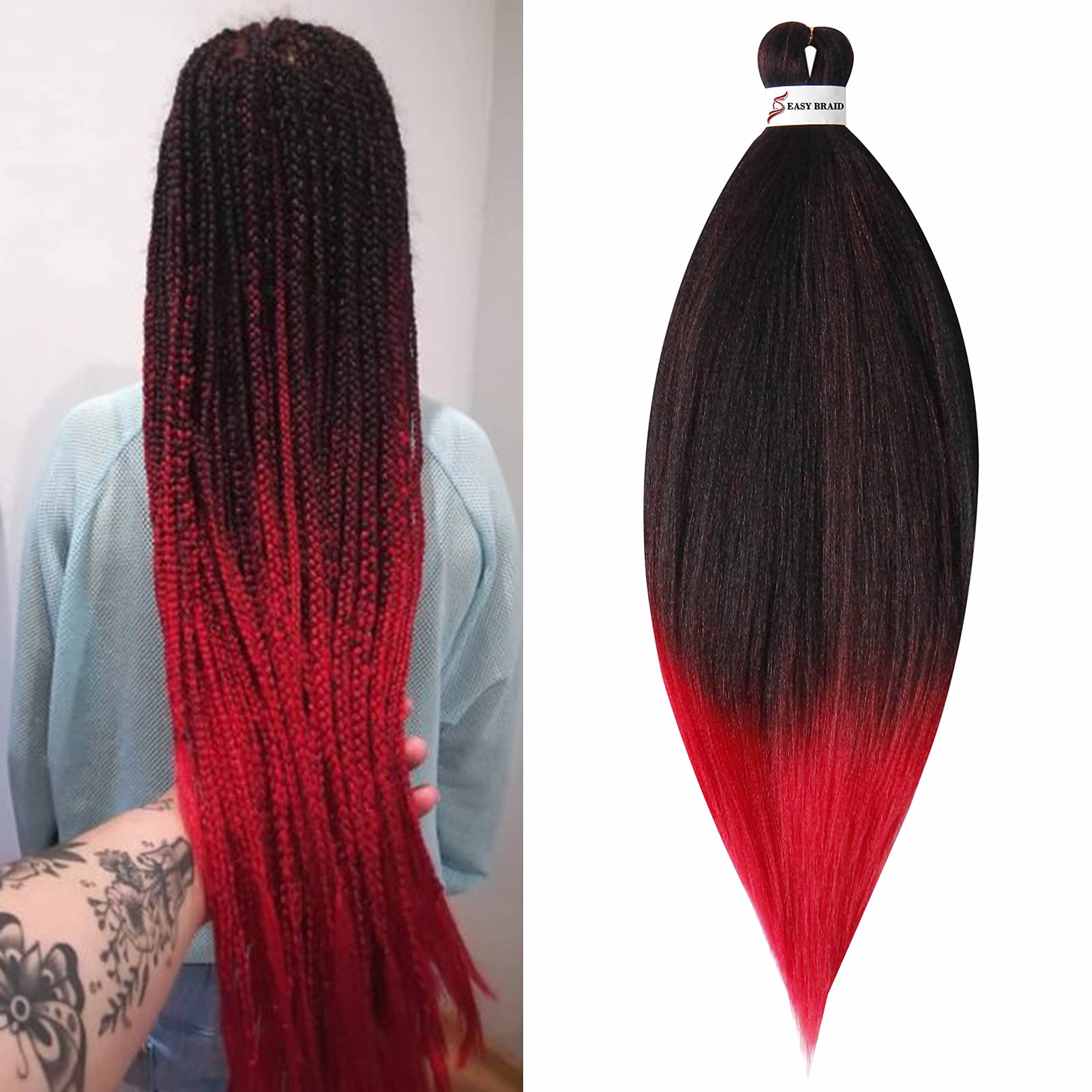 Pre stretched Braiding Hair Easy Braids 26inch 1pack Professional Hair Extensions Hot Water Setting Synthetic Fiber Crochet Twist Hair Yaki Texuture Itch Free Long Soft(Black&Red)
