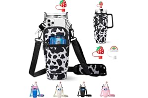 RRegeny Water Bottle Carrier Bag with Phone Pocket for Stanley 40oz Tumbler with Handle Neoprene Water Bottle Holder Pouch with Adjustable Strap Bollus with Straw Cover & Carabiner for Stanley
