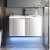 ELEVACHIC 30" Modern Wall Mounted Floating Vanity with Sink, White | Bathroom Vanity with Sink, Bathroom Cabinet Combo with LED Light, Metal Handle &amp; Double Soft-Close Doors