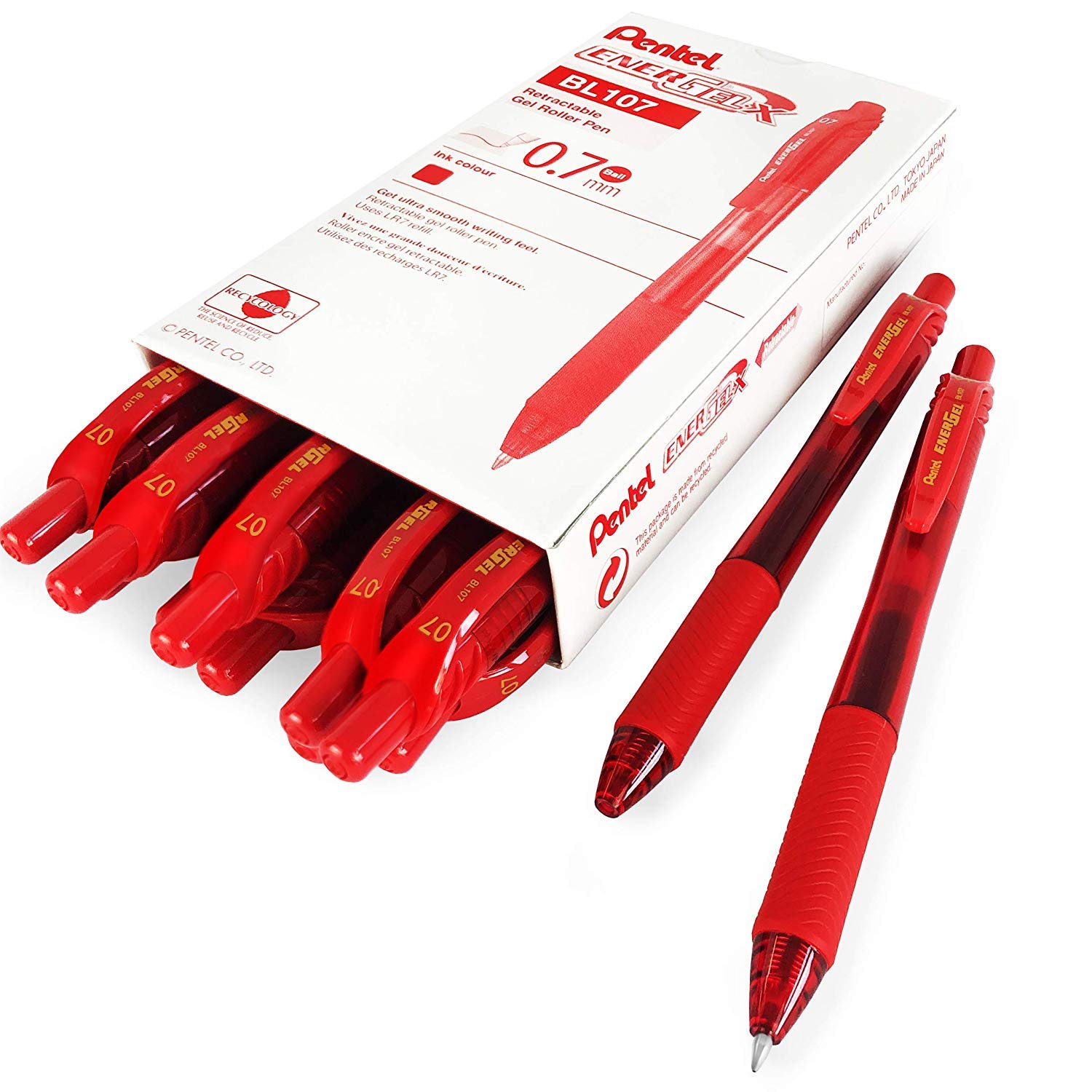 Pentel Energel X BL107 Retractable Gel Rollerball Pens - 0.7mm - Red Ink - Pack of 12