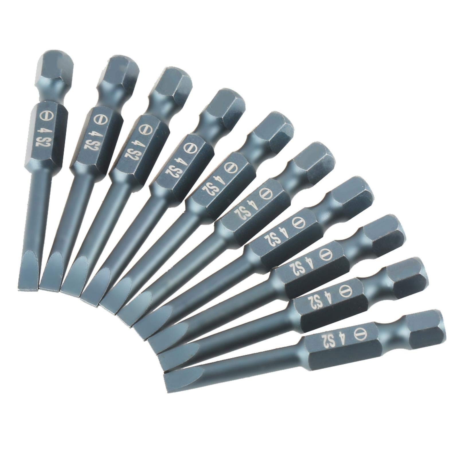 Pack of 10 1/4 Inch Hex Shank Flat Head Drill Bits, 50mm Slotted Screwdriver Bits for Power Tools, Made of S2 Alloy Steel, Perfect for H6.3 x 50mm Applications