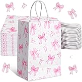 Oqqlin 48 Pcs Bow Paper Gift Bags with Handles, 8.3 x 5.9 x 3.1 Inch Pink Bow Print White Paper Bags Party Favor Goodie Candy Tote Bag for Birthday, Wedding, Baby Shower, Valentine's Day