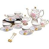 PANAOAHU 21-Piece Bone China Tea Set for 6, Vintage Floral Butterfly Design with Gold Trim, Includes Teapot, Sugar Bowl, Creamer & Cups/Saucers, Elegant Gift for Tea Lovers