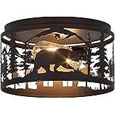 Monaxon Rustic Flush Mount Ceiling Light - 2-Light Metal Fixture with Deer & Bear Design, Farmhouse Ceiling Lamp for Kitchen,