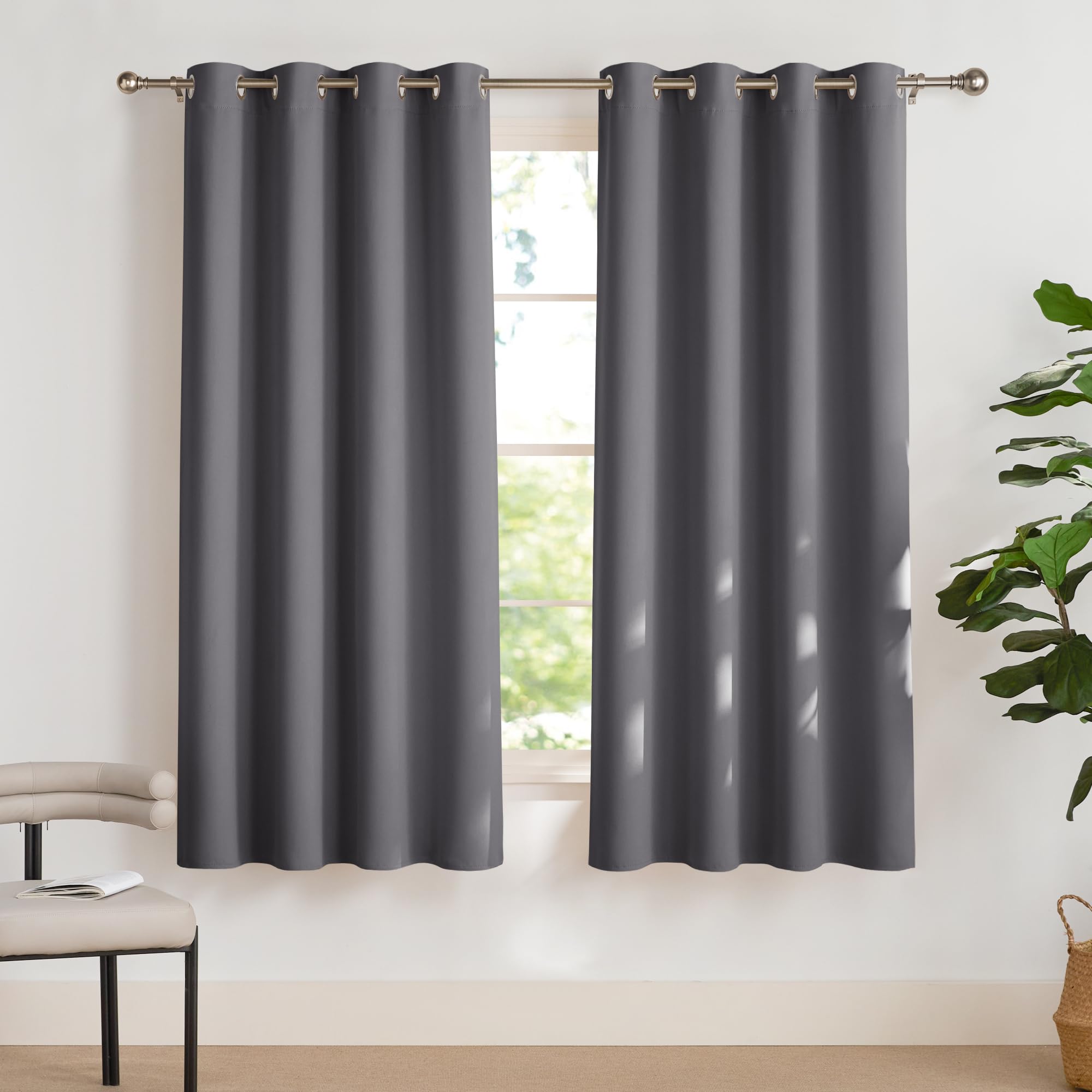 PONY DANCE Eyelet Blackout Curtains - Gray Thermal Insulated Short Sun Blocking Curtains Energy Saving & Soundproof Drapes for Living Room Bedroom Windows Treatment, 2 Panels, 55" x 69", Grey — image 1