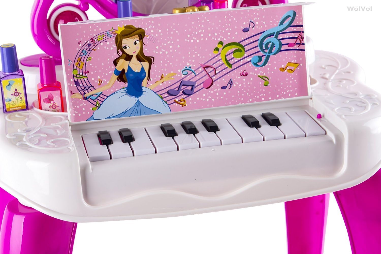 WolVolk 2-in-1 Vanity Set Girls Toy Makeup Accessories with Working Piano & Flashing Lights, Big Mirror, Cosmetics, Working Hair Dryer - Glowing Princess will Appear when Pressing the Mirror-Button: WolVol