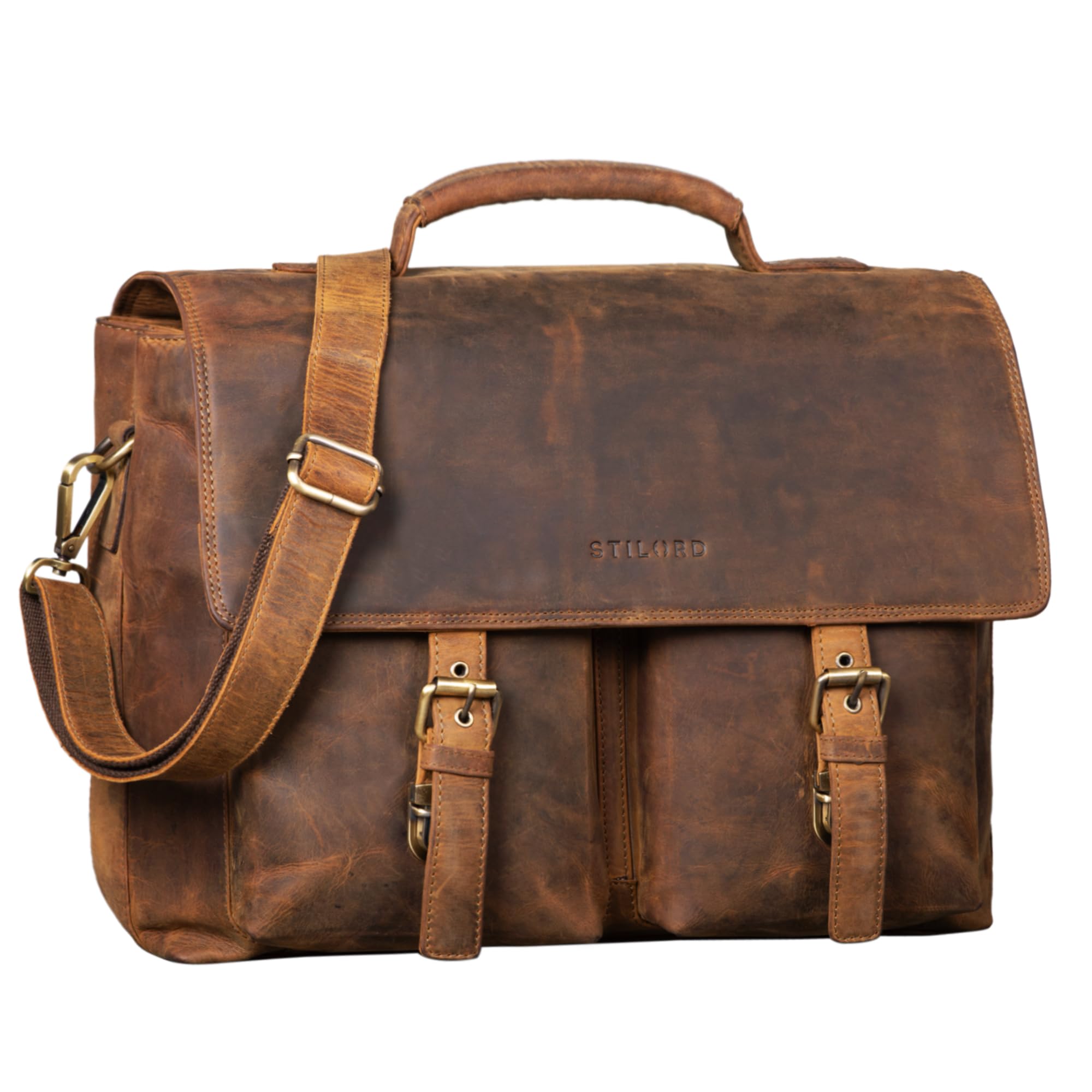 STILORD "Jeff" Briefcase Leather 15 Inch Vintage Business Bag for Men Laptop Bag Big Office Bag Working Bag Shoulder Bag Colour:Middle Brown