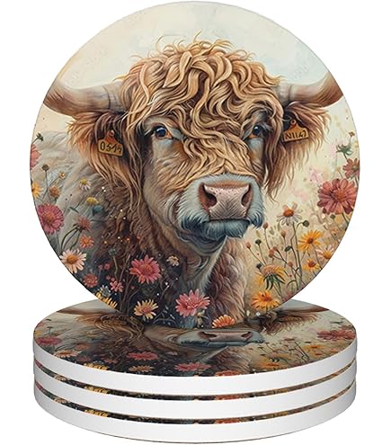 Decorazione Cucina Stile Rurale Set Di 4 Sottobicchieri In Sughero Con Stampe Highland Cow & Calf - Stile Country, Resistenti Al Calore Sottobicchieri Mucca Highland