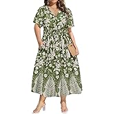 CARCOS Plus Size Dresses for Curvy Women V Neck Summer Maxi Dress Short Sleeve Floral Boho Dress Smocked Waist Beach Dress