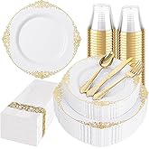 Hioasis 175pcs White and Gold Plates - White Party Plates for 25 Guest, Include 50 Heavy-duty Plates(20% Thicker Than Standard), 25 Cutlery Set, 25 Napkin, 25 Cups