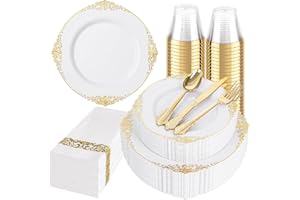 Hioasis 175pcs White and Gold Plastic Plates - Elegant Disposable Dinnerware Set Suitable for 25 Guests Include 10.25" Dinner & 7.5" Dessert Plates, Cutlery, Napkins, Cups for Party & Wedding