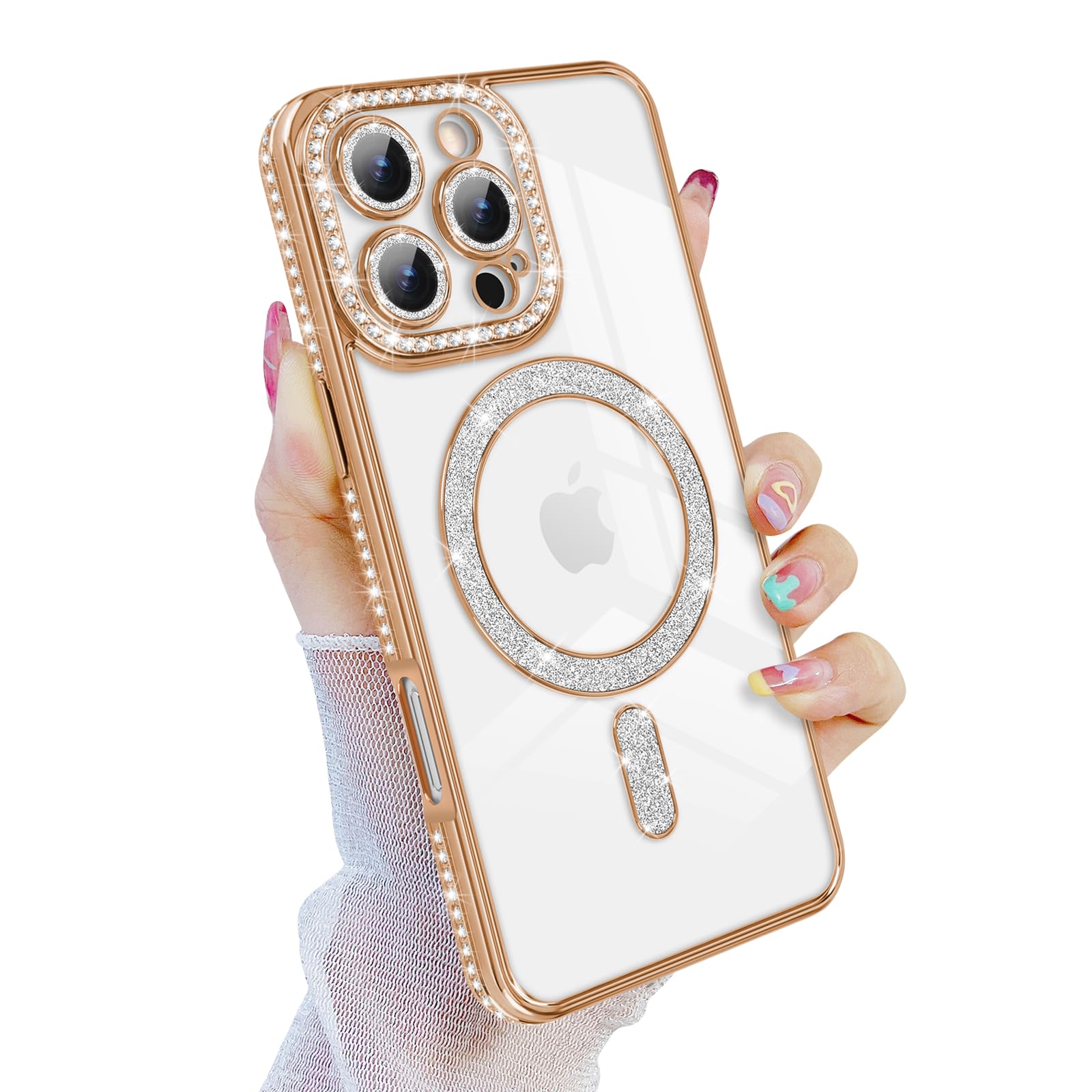 Newseego Magnetic Sparkly Glitter Phone Case for iPhone 16 Pro Max [Compatible with Magsafe], Camera Lens Shockproof Protector Bling Diamonds Soft TPU Cover Girls Women for iPhone 16 Pro Max-Gold