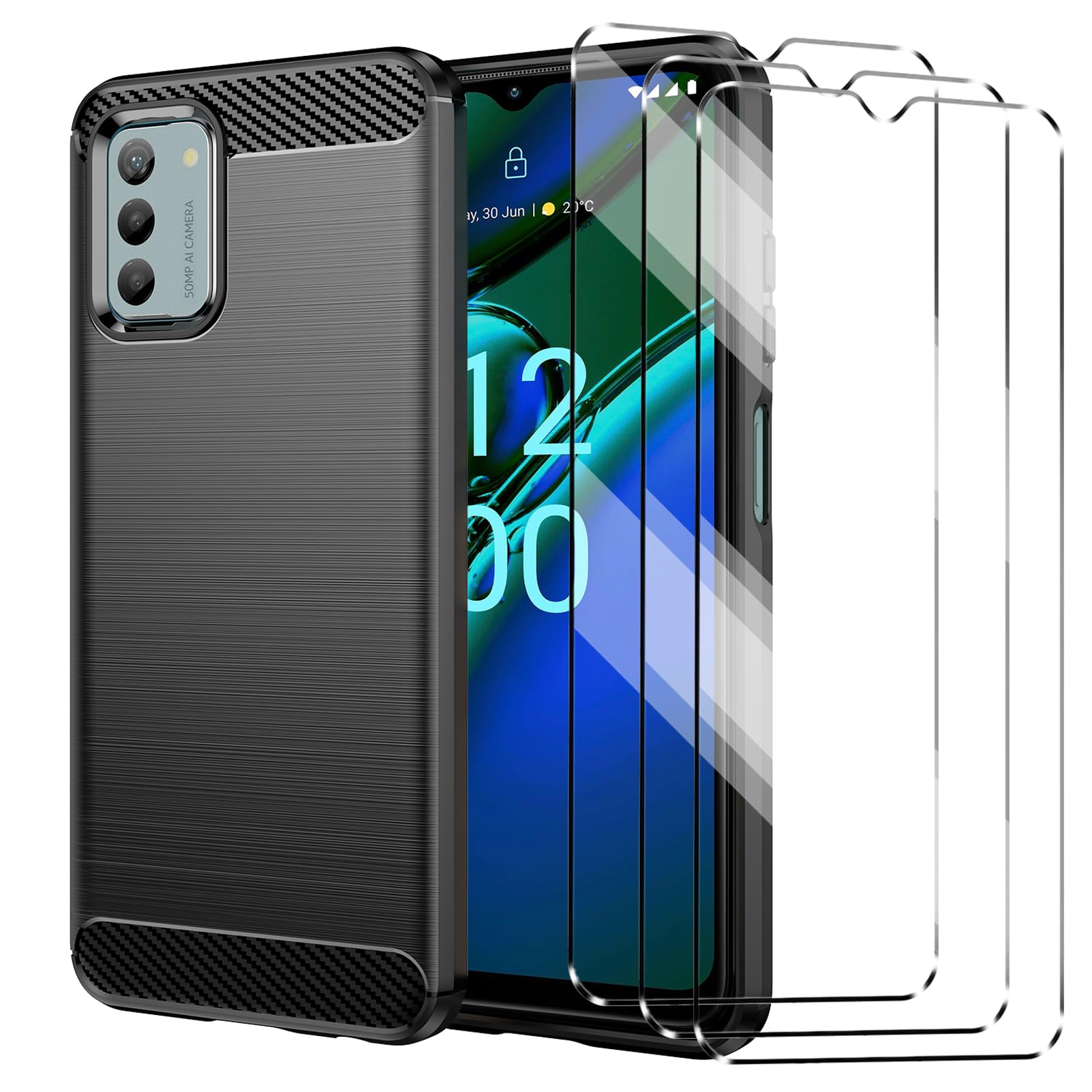 Case Compatible with NOKIA G42 5G Cover with 3 Pack Tempered Glass Screen Protector for NOKIA G42 5G, Slim Fit Soft TPU Shockproof Anti-Scratch Phone Case Cover - Black