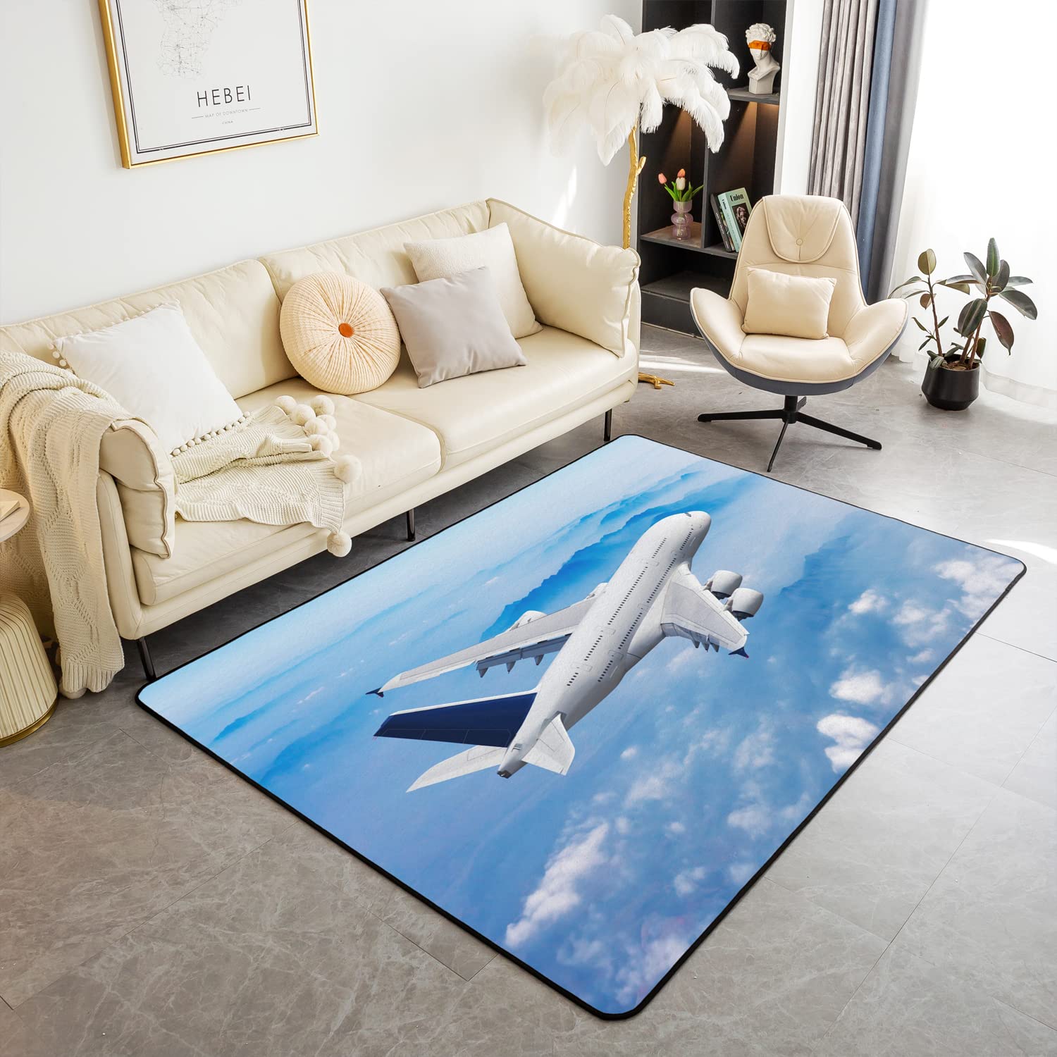 Homemissing Aircraft Area Rug,Airplane Print Decorative Carpet,Aircraft Flying Blue Sky Helicopter Flying Plane Indoor Floor Mat, 100 * 150cm