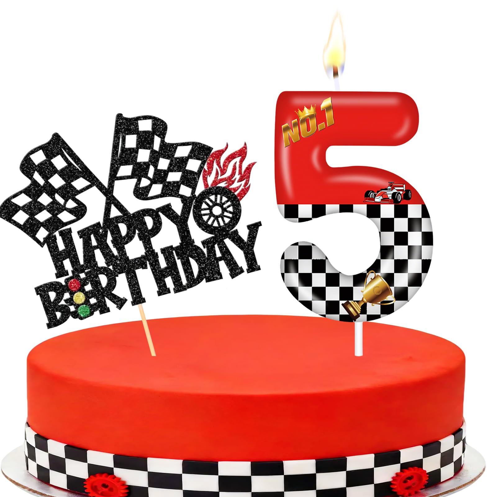 Racing Cars Themed Number Candles, Cake Candles with Greeting Card for Birthday Party Wedding Anniversary Celebrations(5 Candle,Racing Cars)