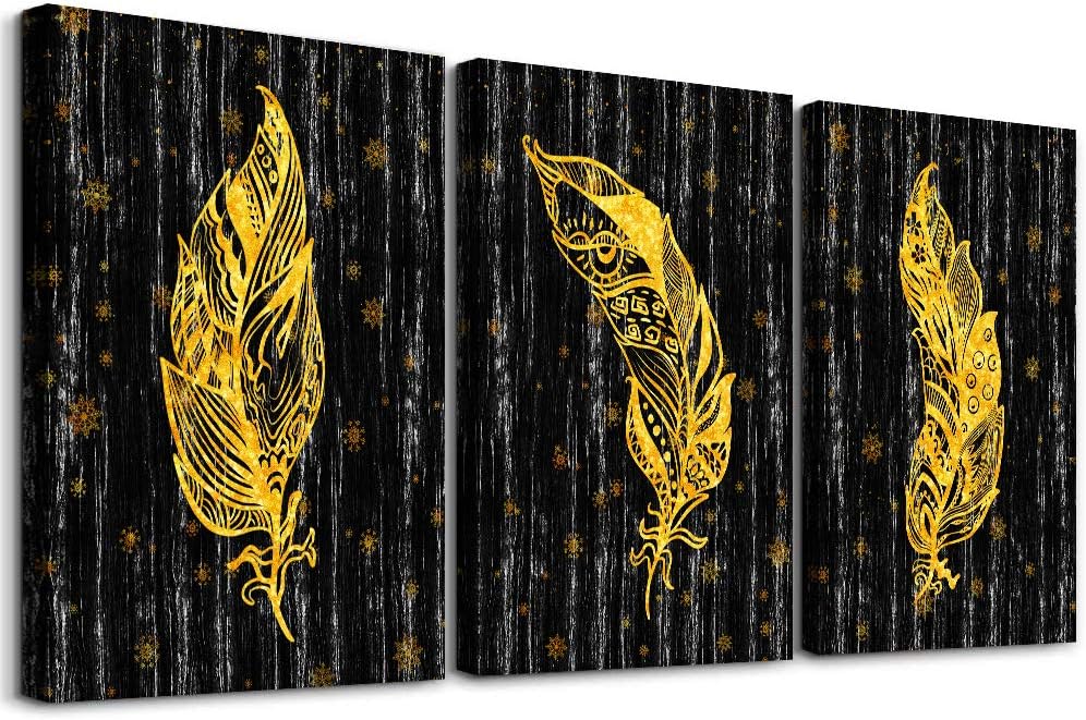 abstract Canvas Wall Art for Bedroom Bathroom wall Decorations for Living Room 3 Piece Framed Artwork Vintage Wood Grain Background Black background Golden feather Pictures modern family Wall Decor
