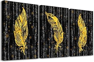 abstract Canvas Wall Art for Bedroom Bathroom wall Decorations for Living Room 3 Piece Framed Artwork Vintage Wood Grain Background Black background Golden feather Pictures modern family Wall Decor