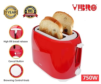 Vibro 2 Slice Cool Touch POP UP Toaster(750W) in Red