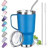 GUDEMAO 30 oz Tumbler with Handle, Stainless Steel Insulated Tumbler with Lid and Straw, Double Wall Vacuum Coffee Mug Tumbler, Insulated Coffee Thermal Cup for Cold and Hot (Sea Blue)