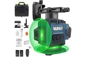 Vashly Laser Level Self Leveling, 12 Line Laser Level, 3 x 360° Green Cross Line Lazer Level with 2 Rechargeable Battery & Hard Carry Case Included Remote Controller, Magnetic Rotating Stand