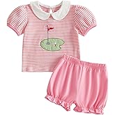 Lamuusaa Toddler Baby Girl Golf Outfit Short Sleeve Stripe Doll Collar T-shirt Top Stretch Shorts Summer Outfit 6M-4T