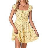 Rooscier Women's Summer Boho Floral Print Square Neck Smocked Tie Front Ruffle Swing Beach Mini Dress
