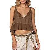 VNIRA Womens Sleeveless Peplum Spaghetti Strap Babydoll V Neck Ruffle Loose Fit Waffle Knit Crop Boho Tank Tops