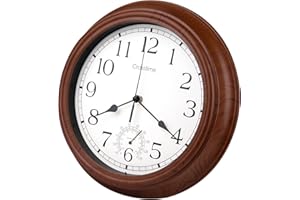 CROSSTIME Indoor Outdoor Clock Waterproof 12" - Retro Wooden Grain Wall Clocks with Thermometer Combo for Patio Pool Garden Home Living Room Decor,Brown,Dad or Grandpa Gifts for Christmas