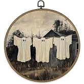 Gnmduw Halloween Ghost Wall Art Framed, Halloween Wall Art, Ghost Wall Decor, Moody Round Hanging Wall Decor, Academia Ghosts Canvas Prints Art for Cottage Core Living Room Bathroom, 10x10 Inch