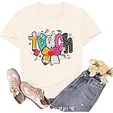 sallrue Teacher Shirts for Women Teach Teaching Tshirts Bow Pencil Shirt Teacher Life Tee Tops