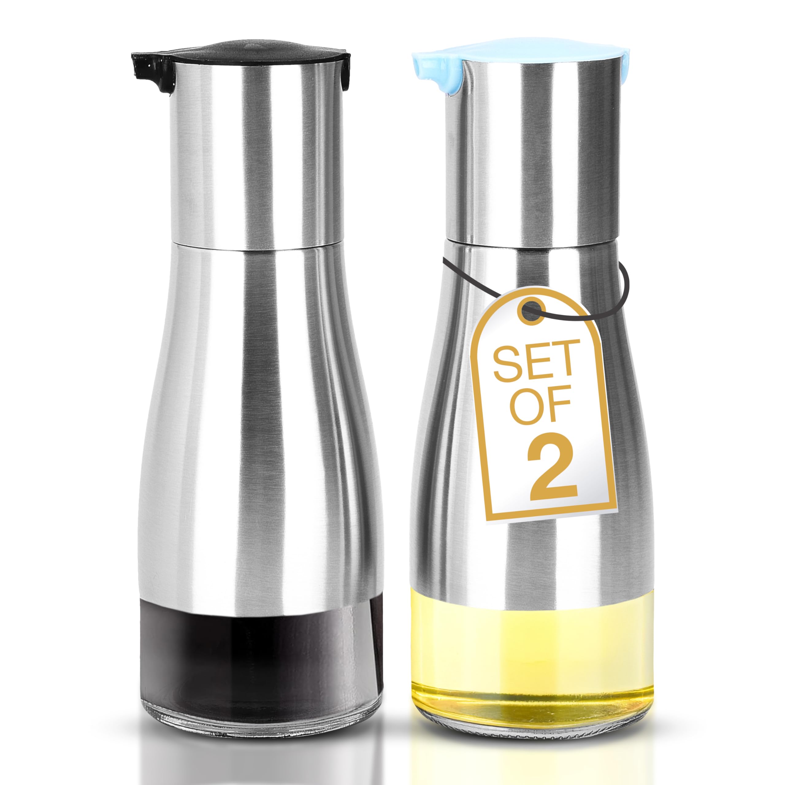 Photo 1 of 2LB Depot Oil and Vinegar Dispenser Set - Brushed Steel & Glass Containers with Anti-Drip Spout Lid - Easy-Clean - Olive Oil Dispenser Bottle - Minimalist Kitchen Accessory - 7.1"H x 2.7"L x 2.7"W