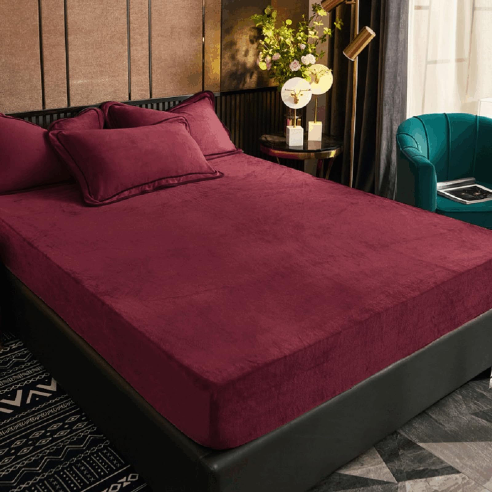 Photo 1 of 1 Pack Wine Red Crystal Velvet Fitted Sheet Queen with 16" Elastic Deep Pocket, Ultra Soft Fluffy Double Fitted Bottom Sheet Only, Warm Fuzzy Flannel Mattress Protector for Fall Winter Spring