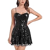 ODIZLI Women's Spaghetti Straps Sparkly Sequins A Line Swing Party Nightclub Dance Mini Dress Above Knee Length