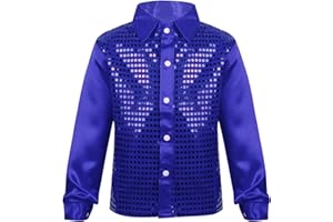 Yruioon Kids Boys Sparkle Sequins Long Sleeve Button Down Shirt Latin Jazz Dance Stage Performance Costume