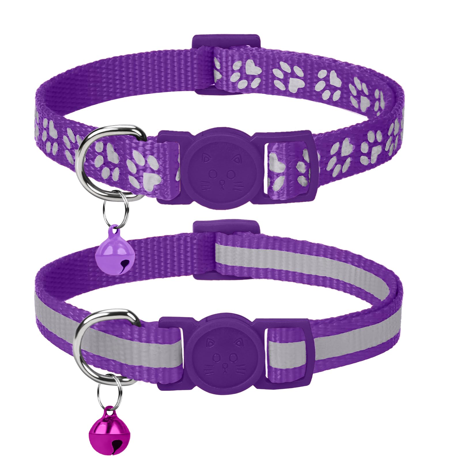 Taglory Reflective Cat Collar with Bell and Safety Release, 2-Pack Girl Boy Pet Kitten Collars Adjustable 19-32cm, Violet