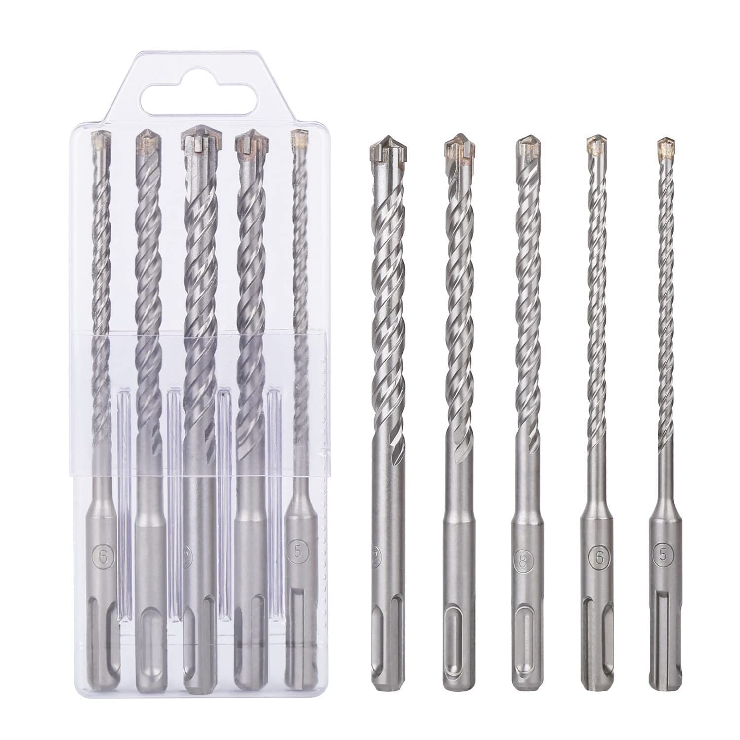 Vearter SDS PLUS Masonry Drill Bit Set, 5/6/8/10/12mm 5Pieces 160mm Length Electric Hammer Tungsten Carbide Tipped for Concrete Walls Marble Granite Brick Stone Cement...